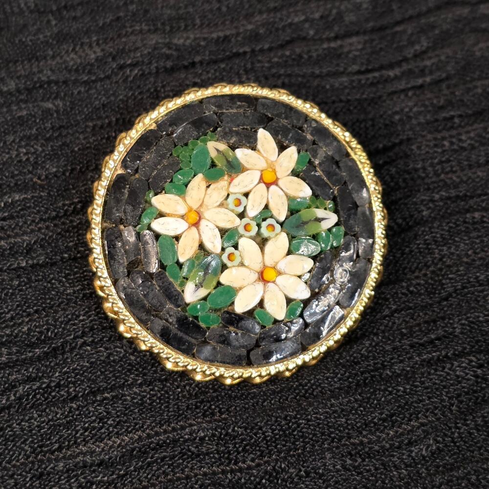 Vintage Italian Micro Mosaic Brooch White Daisy Floral Black Gold Tone Pin Italy